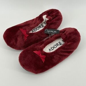 Adore Me Burgundy Red Faux Fur Plush Bow Cozy Slipper Socks House Shoes L NWT